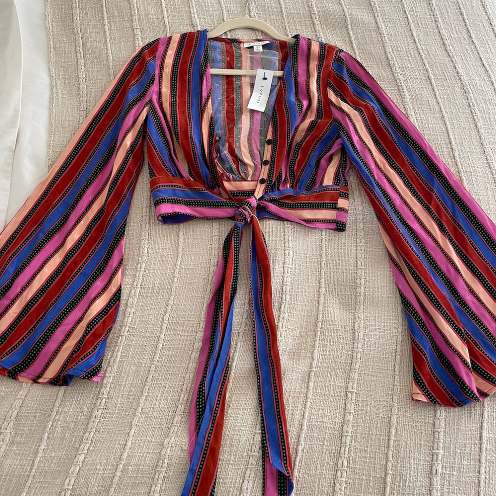 Topshop Multicolor Striped Tie Front Crop Blouse NWT Size US 2
